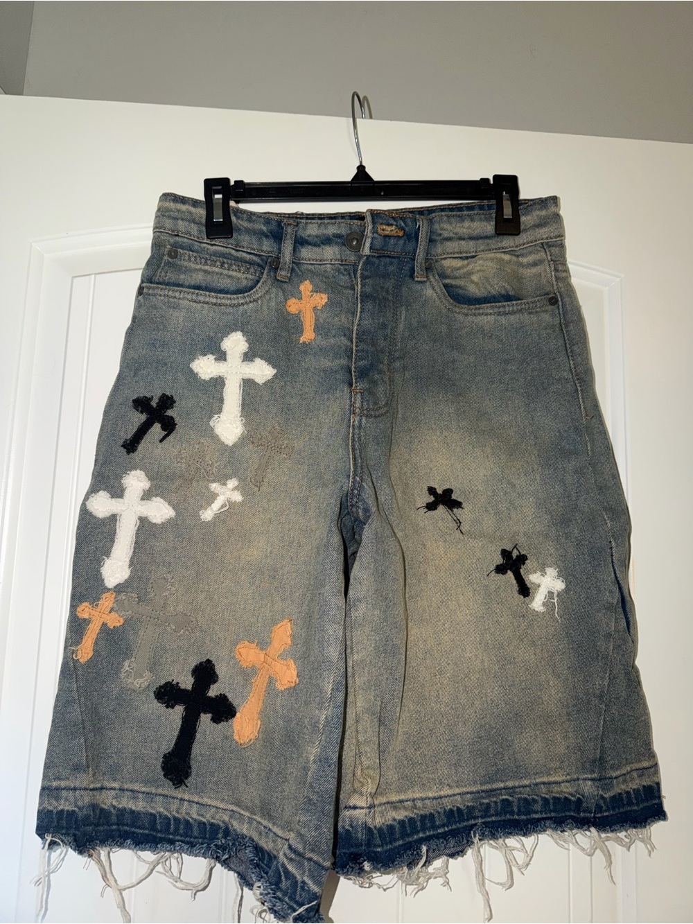 Men's Blue Denim Jean Shorts with Cross Embroidery